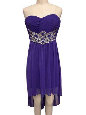 City Studios Strapless Purple High-Low Dress W/ Gold & Silver Embellished Waist